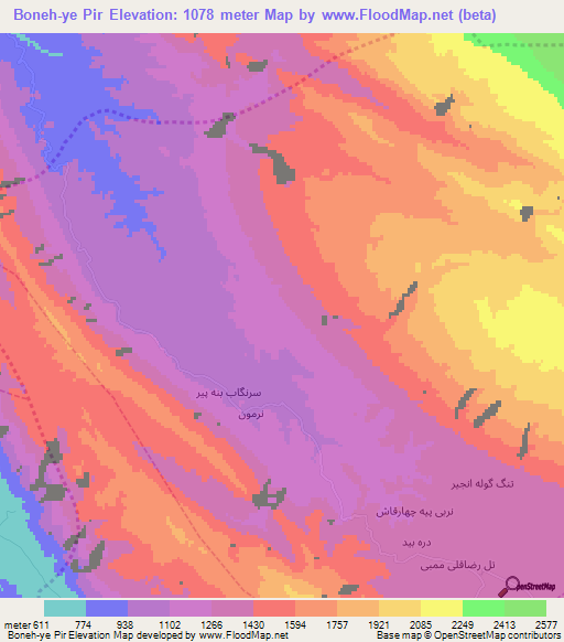Boneh-ye Pir,Iran Elevation Map