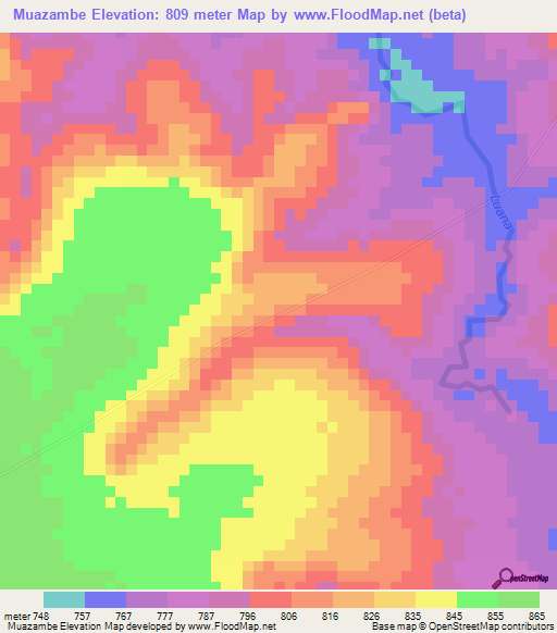 Muazambe,Angola Elevation Map