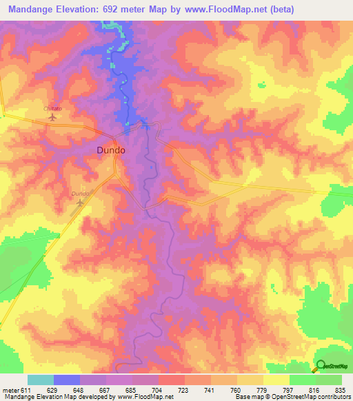 Mandange,Angola Elevation Map