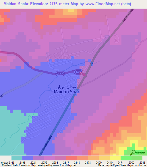 Maidan Shahr,Afghanistan Elevation Map