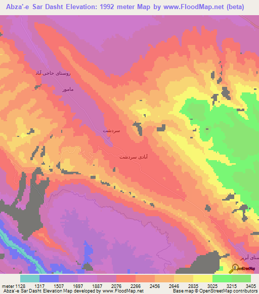 Abza'-e Sar Dasht,Iran Elevation Map