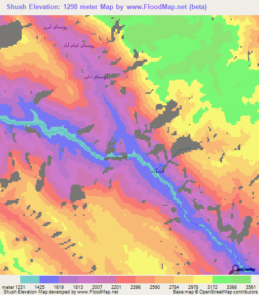 Shush,Iran Elevation Map