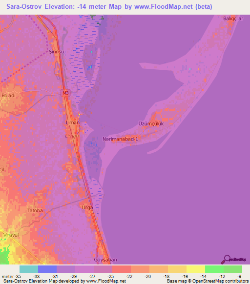 Sara-Ostrov,Azerbaijan Elevation Map