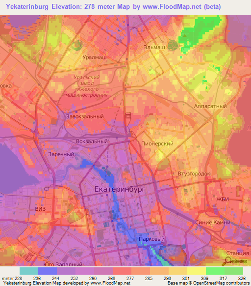 Yekaterinburg,Russia Elevation Map