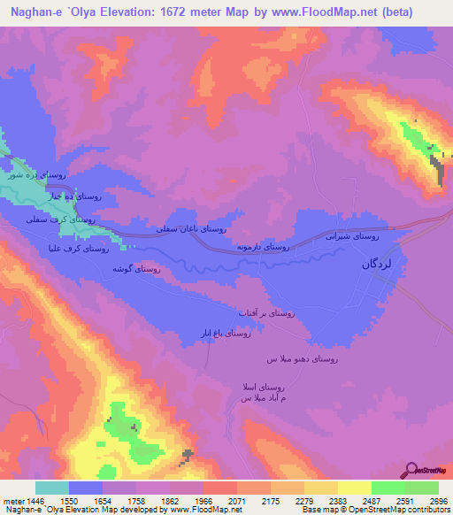 Naghan-e `Olya,Iran Elevation Map