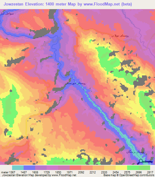 Jowzestan,Iran Elevation Map