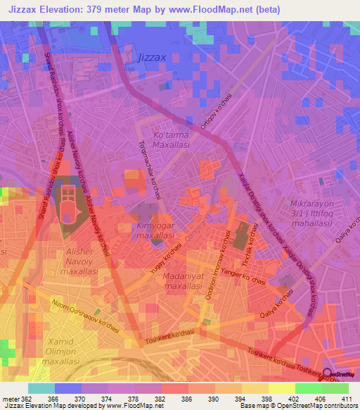 Jizzax,Uzbekistan Elevation Map
