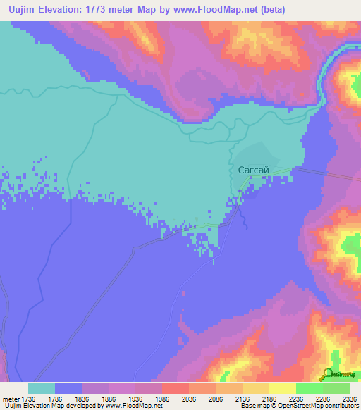 Uujim,Mongolia Elevation Map