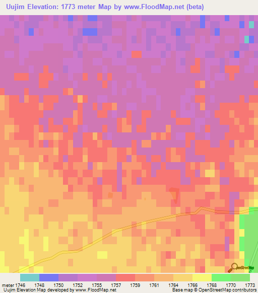 Uujim,Mongolia Elevation Map