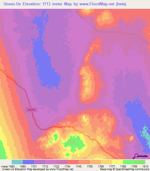 Uneen-Us,Mongolia Elevation Map