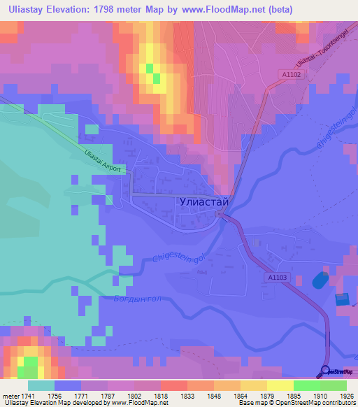 Uliastay,Mongolia Elevation Map