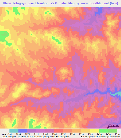 Ulaan Tologoyn Jisa,Mongolia Elevation Map