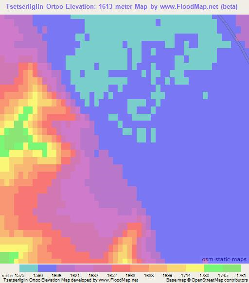 Tsetserligiin Ortoo,Mongolia Elevation Map