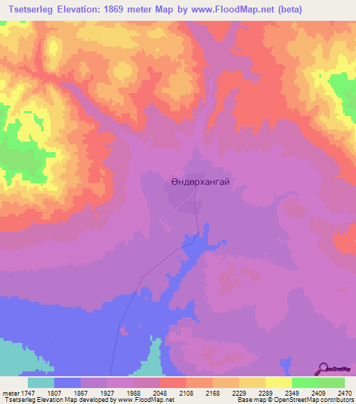 Tsetserleg,Mongolia Elevation Map