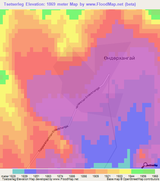 Tsetserleg,Mongolia Elevation Map