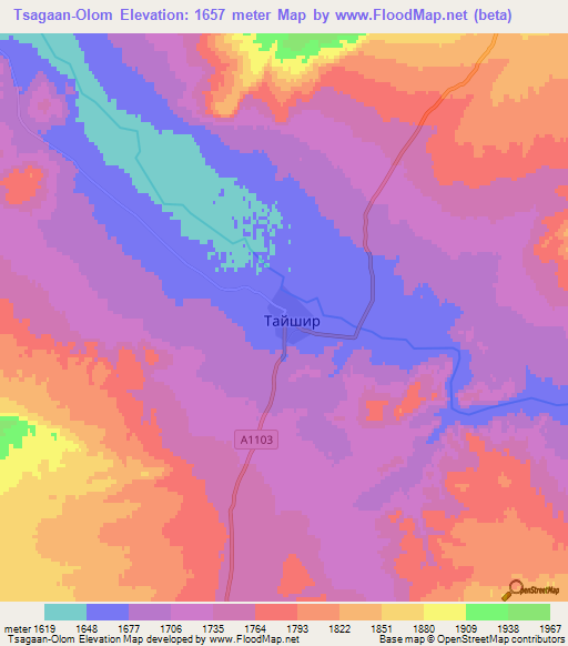 Tsagaan-Olom,Mongolia Elevation Map