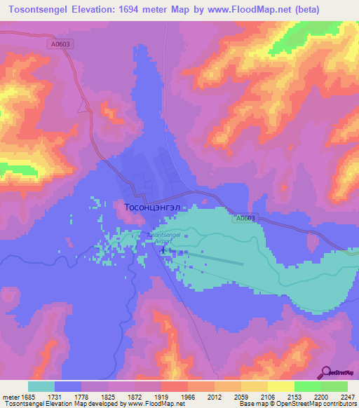Tosontsengel,Mongolia Elevation Map