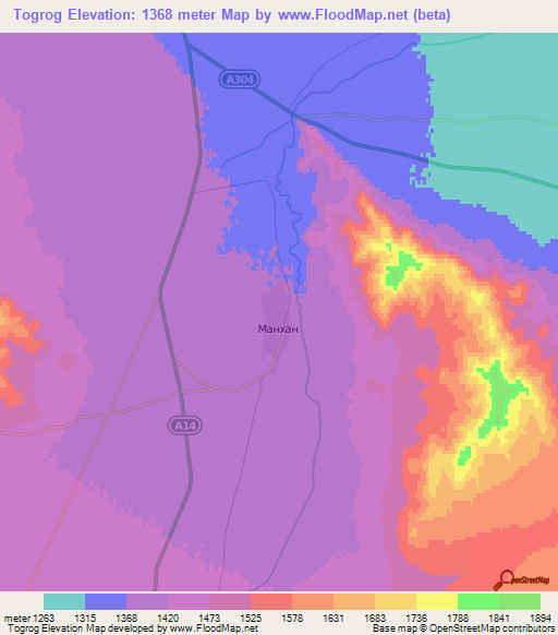 Togrog,Mongolia Elevation Map
