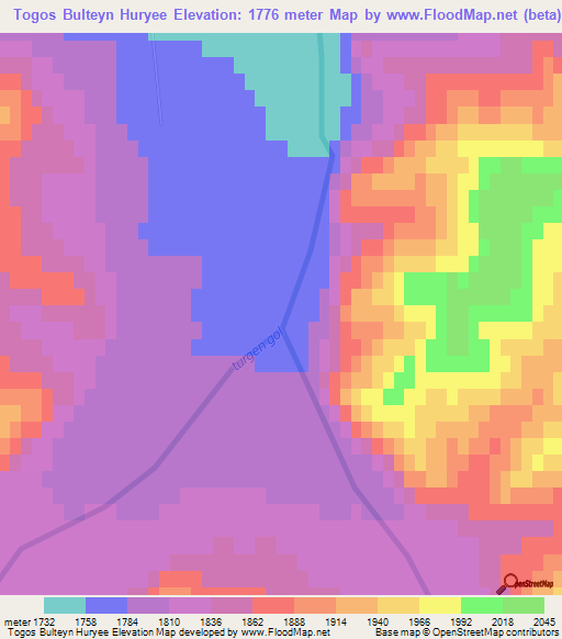 Togos Bulteyn Huryee,Mongolia Elevation Map
