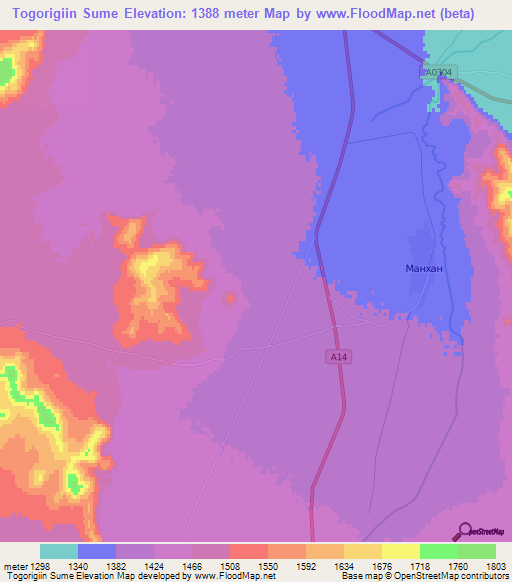 Togorigiin Sume,Mongolia Elevation Map