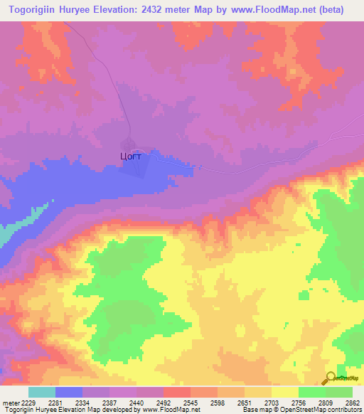 Togorigiin Huryee,Mongolia Elevation Map