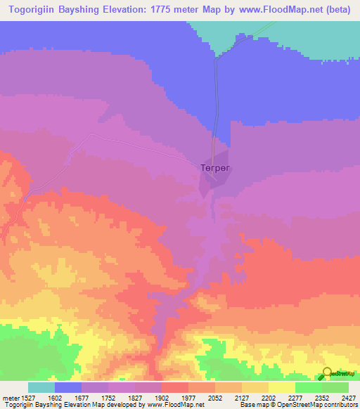 Togorigiin Bayshing,Mongolia Elevation Map