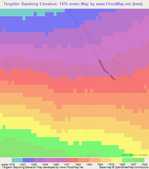 Tergetiin Bayshing,Mongolia Elevation Map