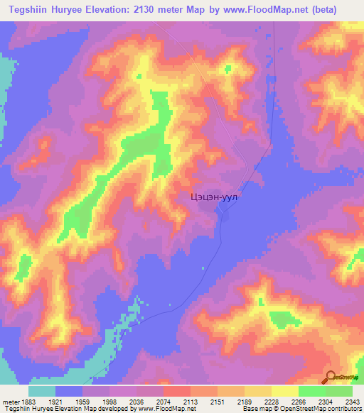Tegshiin Huryee,Mongolia Elevation Map