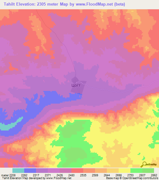 Tahilt,Mongolia Elevation Map