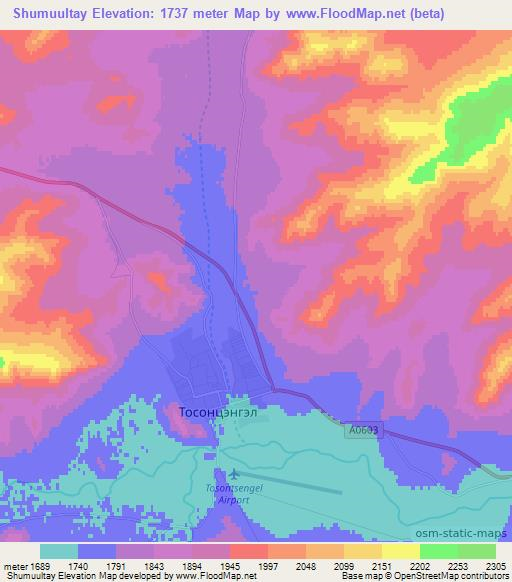 Shumuultay,Mongolia Elevation Map