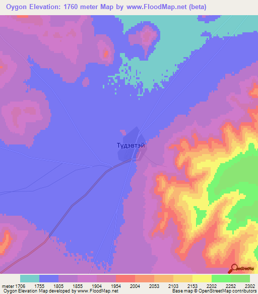 Oygon,Mongolia Elevation Map