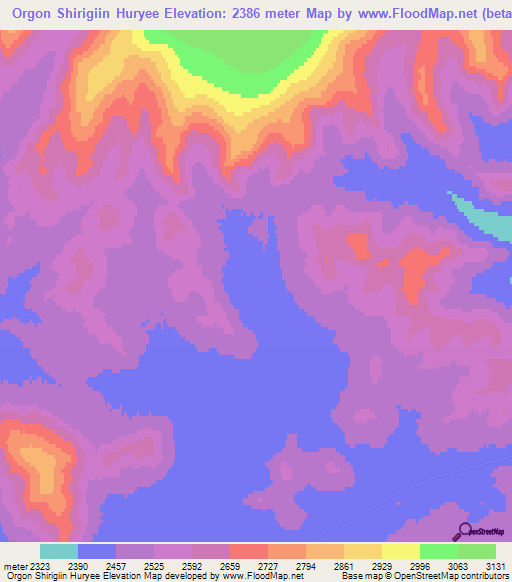 Orgon Shirigiin Huryee,Mongolia Elevation Map