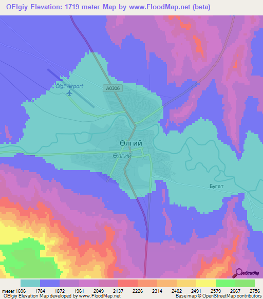 OElgiy,Mongolia Elevation Map