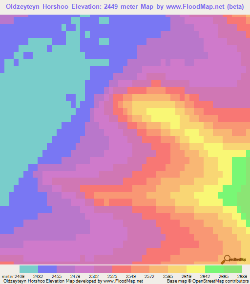 Oldzeyteyn Horshoo,Mongolia Elevation Map
