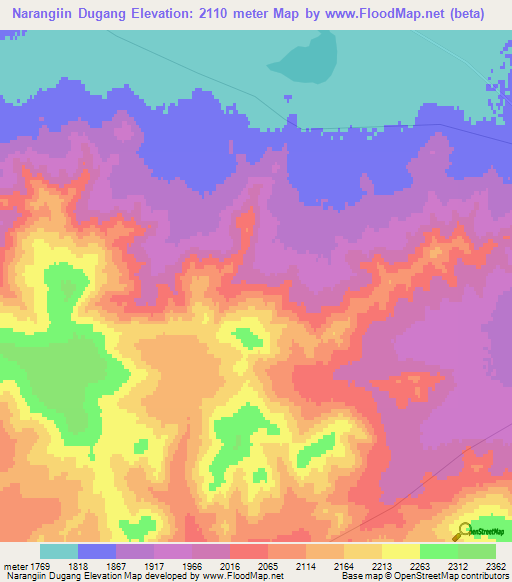 Narangiin Dugang,Mongolia Elevation Map