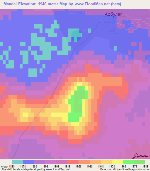 Mandal,Mongolia Elevation Map