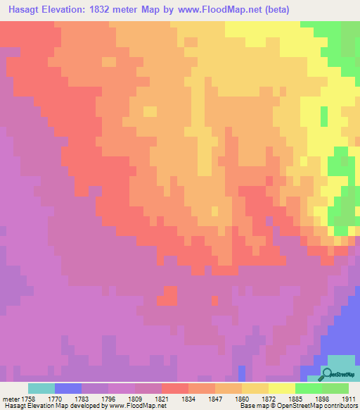 Hasagt,Mongolia Elevation Map