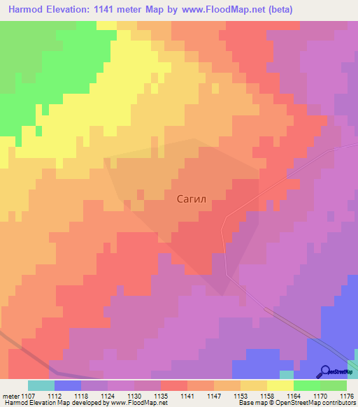Harmod,Mongolia Elevation Map