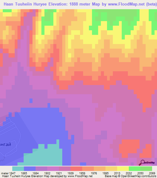 Haan Tuuheiin Huryee,Mongolia Elevation Map