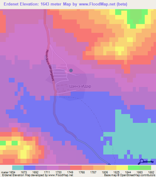 Erdenet,Mongolia Elevation Map