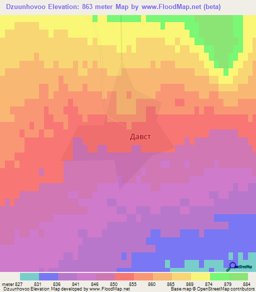 Dzuunhovoo,Mongolia Elevation Map
