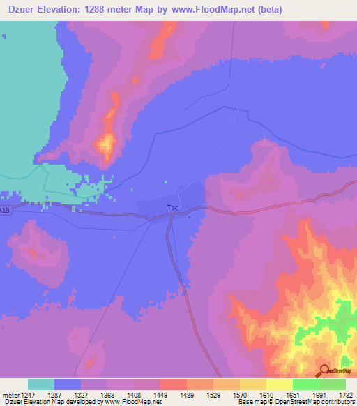 Dzuer,Mongolia Elevation Map