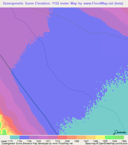 Dzeergeneiin Sume,Mongolia Elevation Map