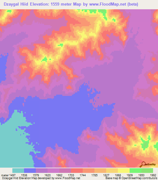 Dzaygal Hiid,Mongolia Elevation Map