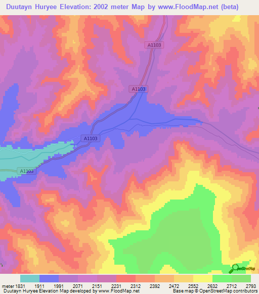 Duutayn Huryee,Mongolia Elevation Map