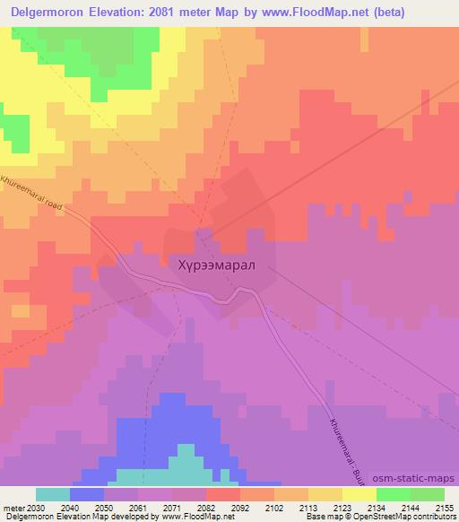 Delgermoron,Mongolia Elevation Map
