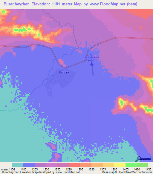 Burenhayrhan,Mongolia Elevation Map