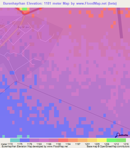 Burenhayrhan,Mongolia Elevation Map