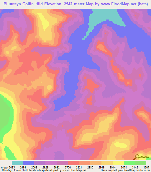 Biluuteyn Goliin Hiid,Mongolia Elevation Map