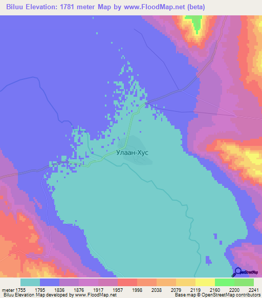 Biluu,Mongolia Elevation Map